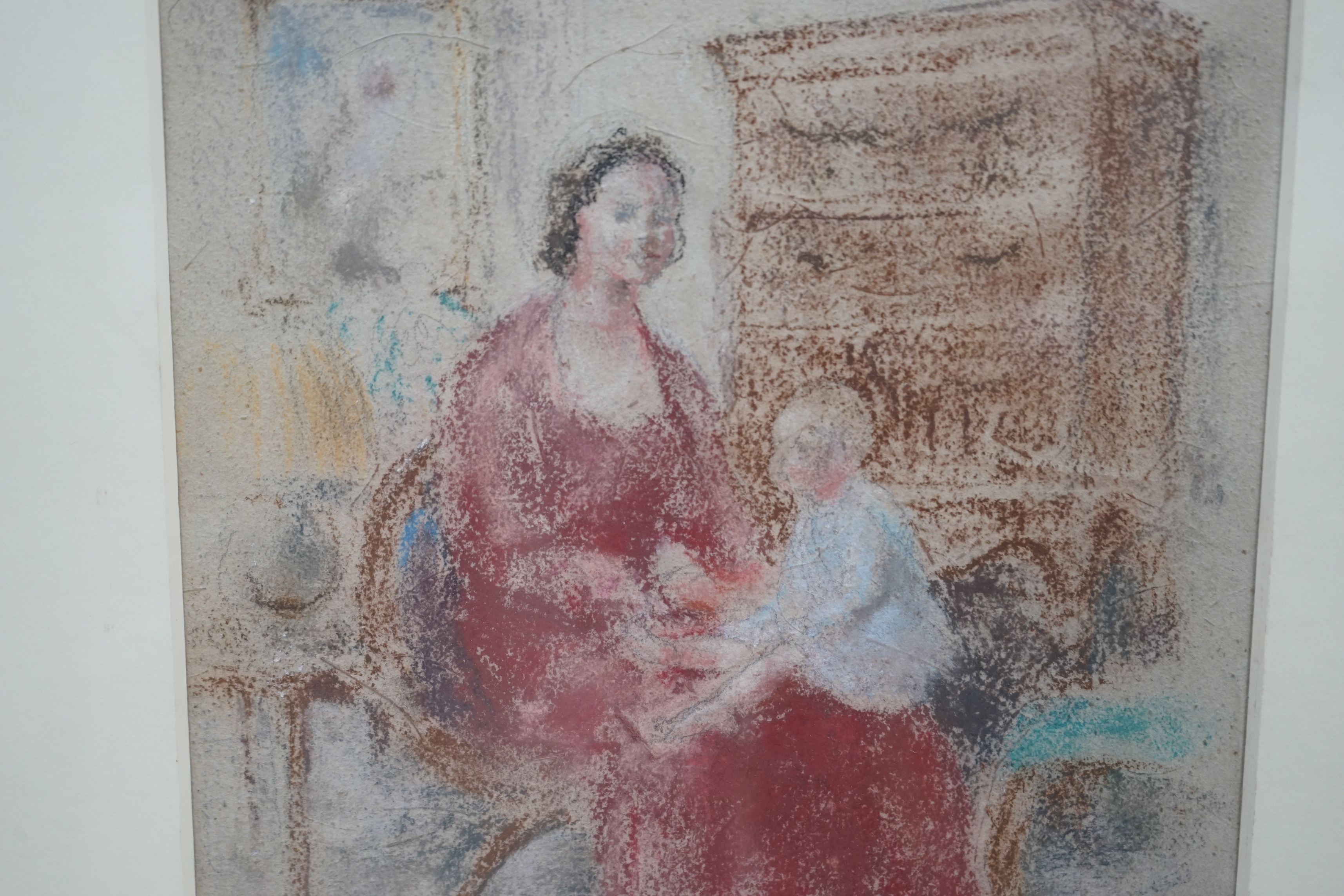 Myles Tonks RI, RBA, (1890-1960) crayon and pastel, Mother and child in an interior, details verso, 30 x 23cm